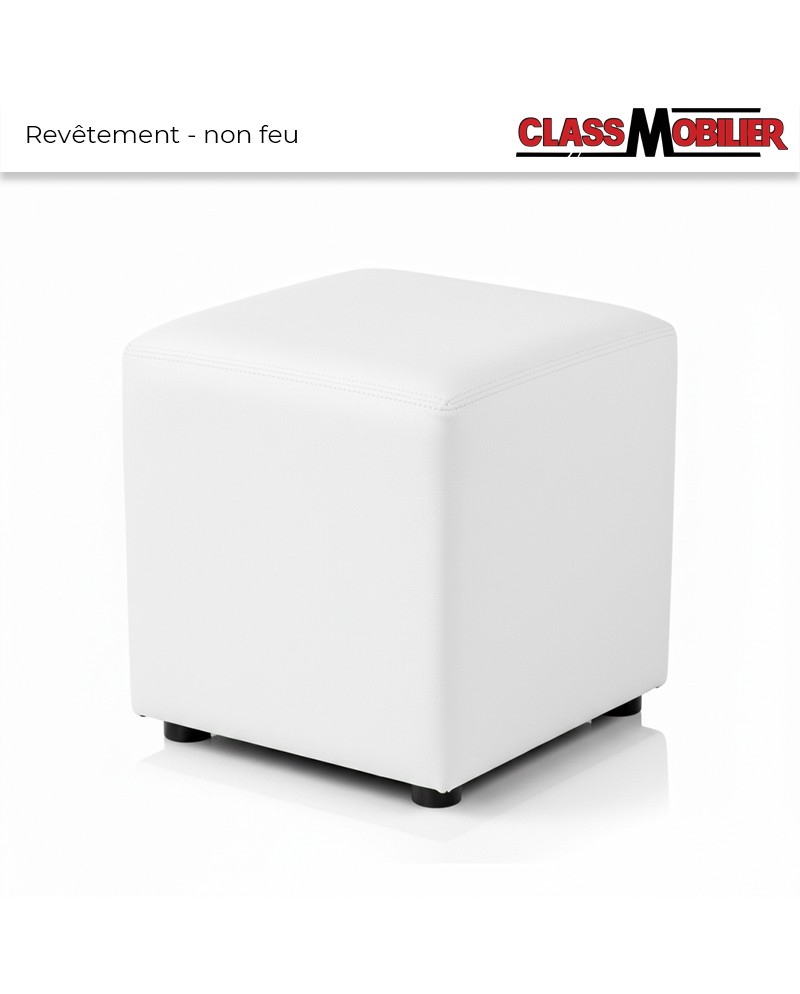 Pouf Carré - blanc - 40x40x40 cm - Simili Cuir Grainé norme Anti feu M2