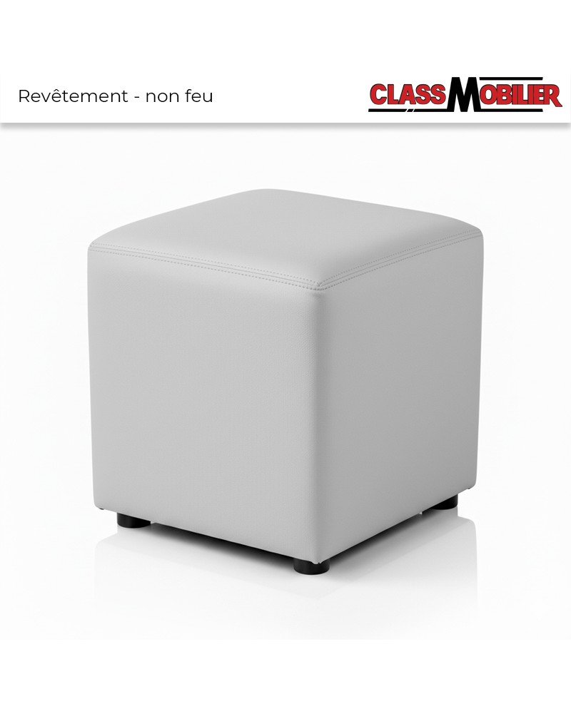 Pouf Carré - Gris - 40x40x40 cm - Simili Cuir Grainé norme Anti feu M2