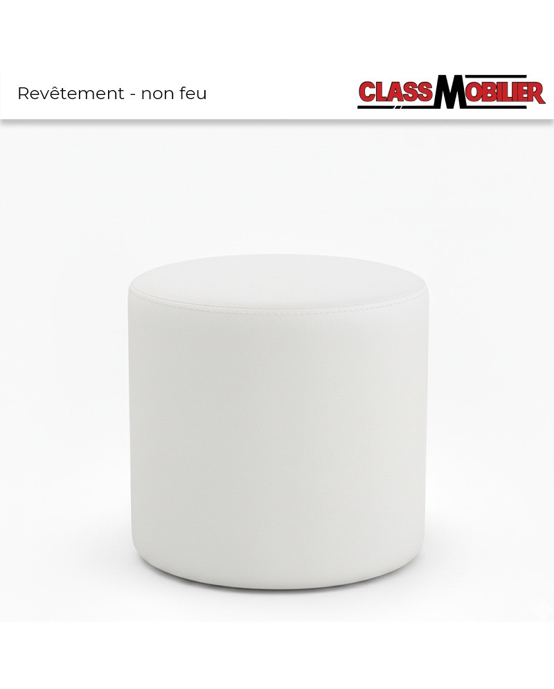 Pouf Rond - Blanc - H42 cm ∅35 cm - Simili Cuir Grainé norme non feu M2