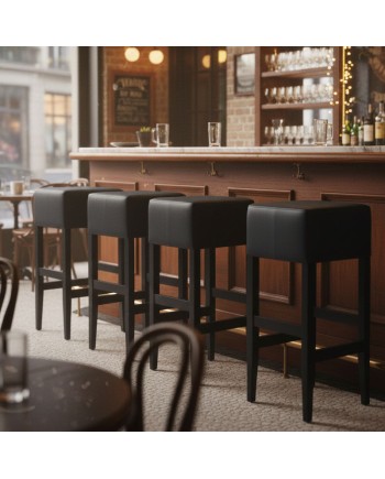 Tabouret de Bar - structure Bois et assise Simili Cuir Tapissé - Hauteur 81 cm