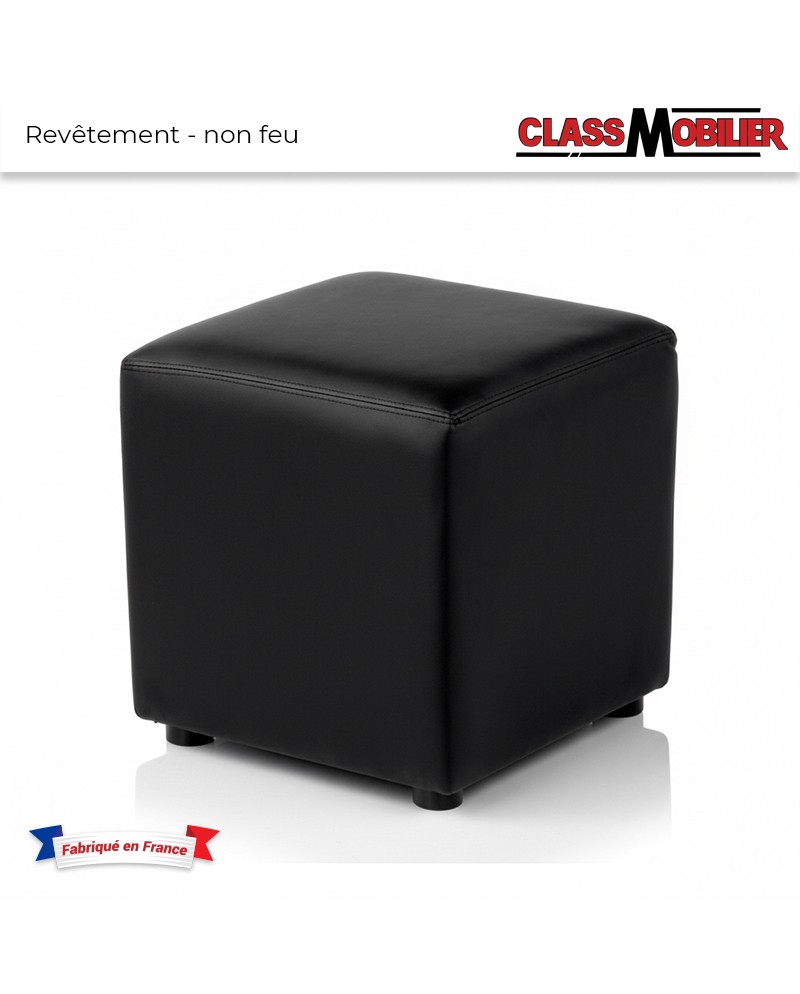 Pouf Carré - Noir - 40x40x40 cm - Simili Cuir Grainé norme Anti feu M2