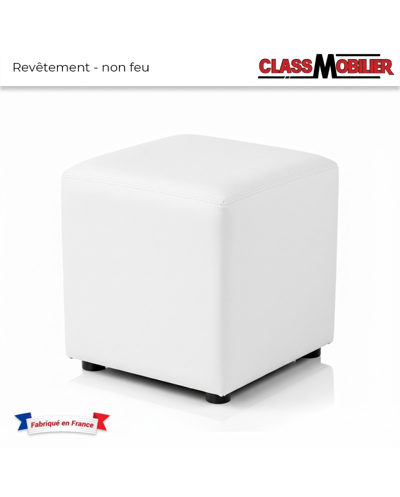 Pouf Carré - blanc - 40x40x40 cm - Simili Cuir Grainé norme Anti feu M2