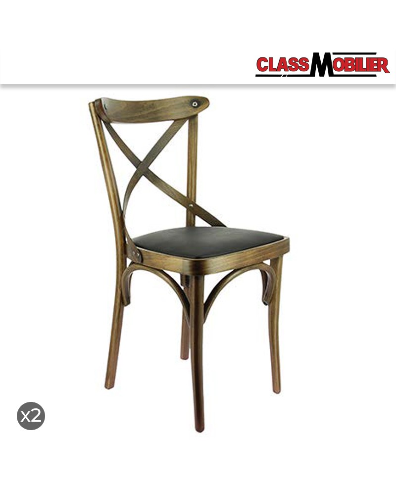 Chaise Chinon en hêtre cérusé avec assise en PU noir - Lot de 2