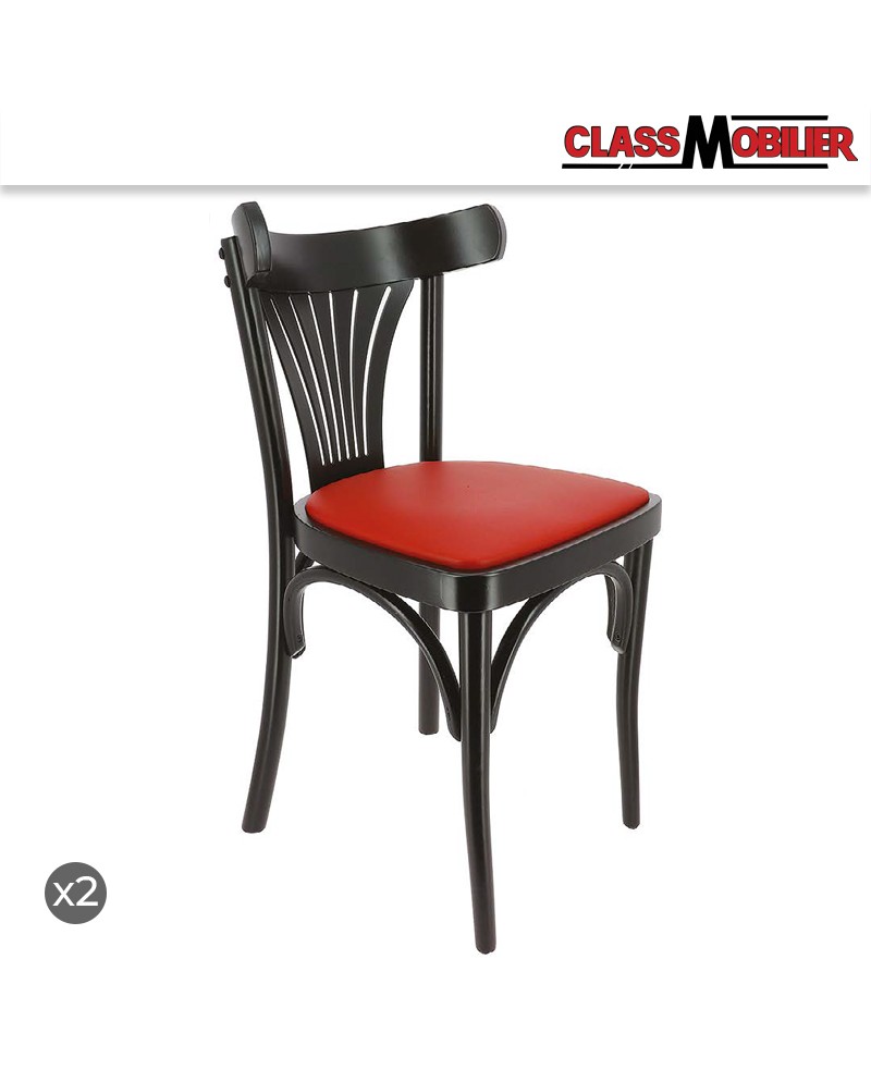 Chaise New Orleans en hêtre noir et assise simili cuir rouge - Lot de 2