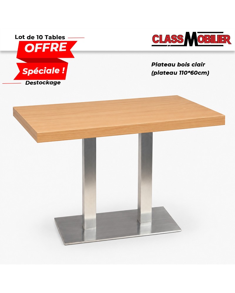 10 tables restaurant 4 personnes pied inox brossé avec plateau 110x60 cm