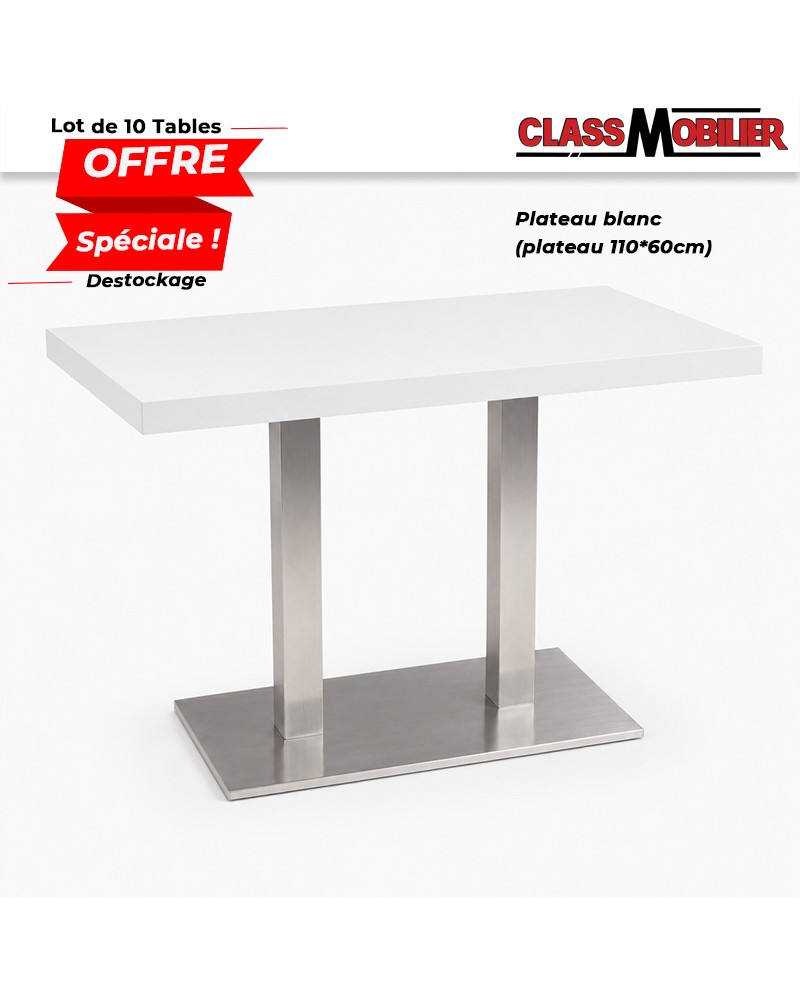10 tables restaurant 4 personnes pied inox brossé avec plateau 110x60 cm