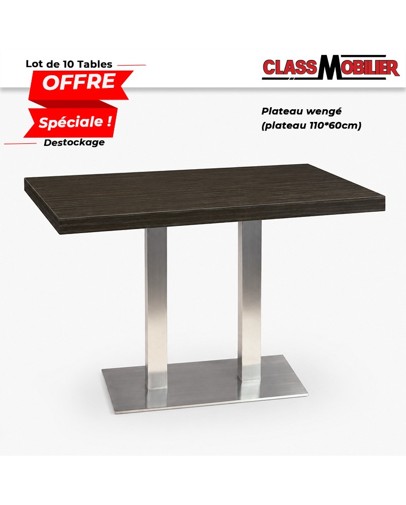 10 tables restaurant 4 personnes pied inox brossé avec plateau 110x60 cm
