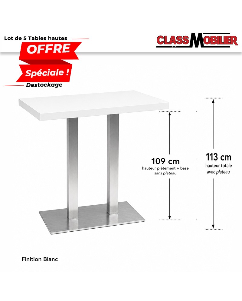 Lot de 5 tables hautes mange-debout 4 personnes pied inox brossé avec plateau 110x60 cm