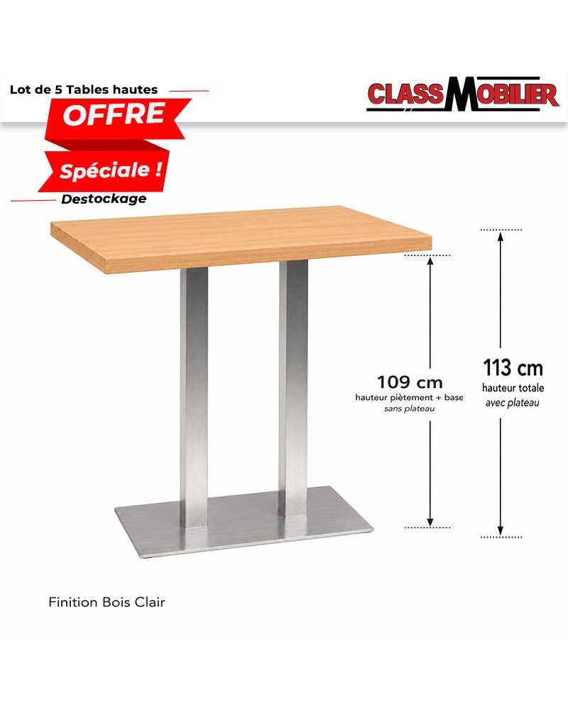 Lot de 5 tables hautes mange-debout 4 personnes pied inox brossé avec plateau 110x60 cm