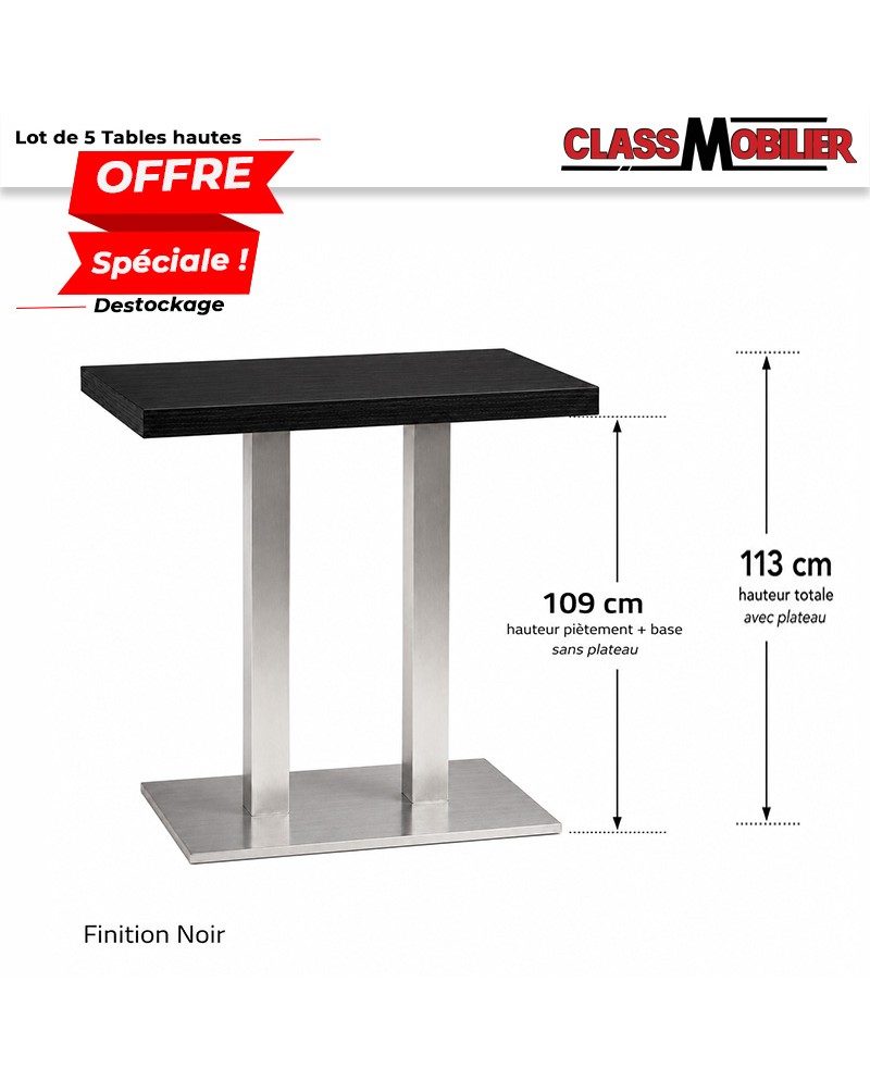 Lot de 5 tables hautes mange-debout 4 personnes pied inox brossé avec plateau 110x60 cm