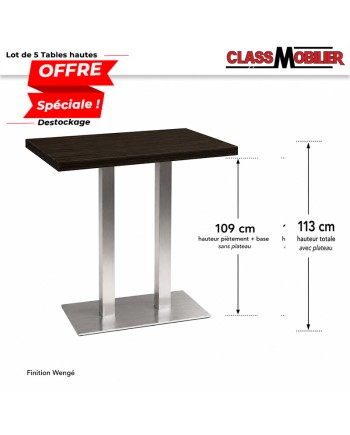 Lot de 5 tables hautes mange-debout 4 personnes pied inox brossé avec plateau 110x60 cm