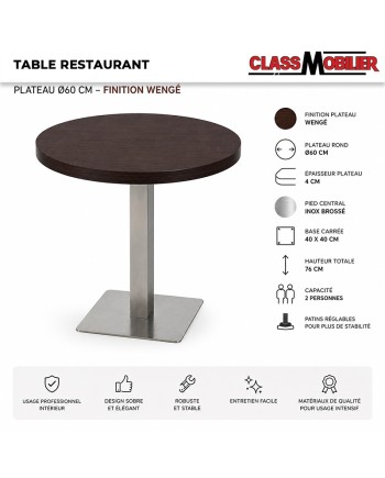 Table ronde restaurant 2 personnes Ø60 cm pied inox brossé