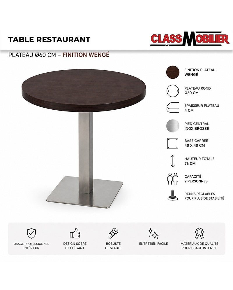 Table ronde restaurant 2 personnes Ø60 cm pied inox brossé