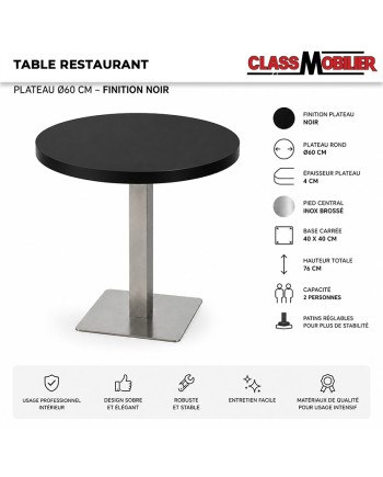 Table ronde restaurant 2 personnes Ø60 cm pied inox brossé