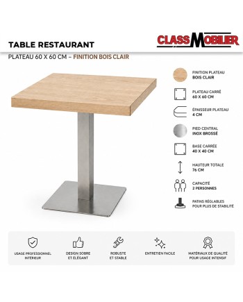 Table restaurant 2 personnes - pied inox brossé - plateau carré 60x60 cm