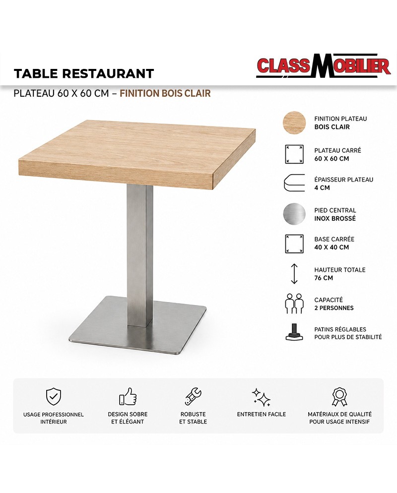 Table restaurant 2 personnes - pied inox brossé - plateau carré 60x60 cm