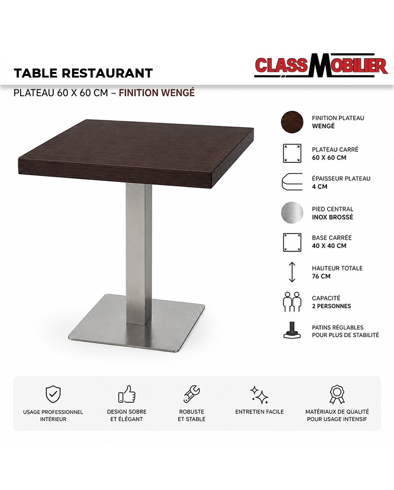 Table restaurant 2 personnes - pied inox brossé - plateau carré 60x60 cm