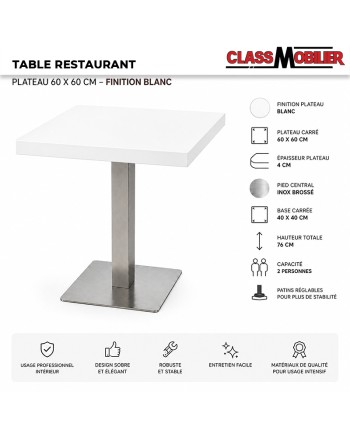 Table restaurant 2 personnes - pied inox brossé - plateau carré 60x60 cm