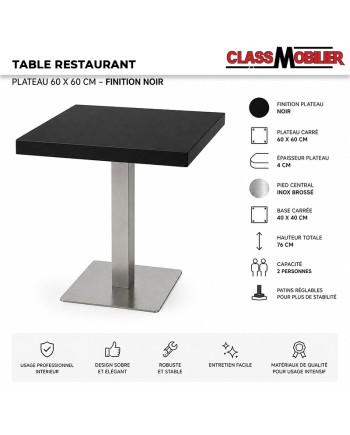 Table restaurant 2 personnes - pied inox brossé - plateau carré 60x60 cm