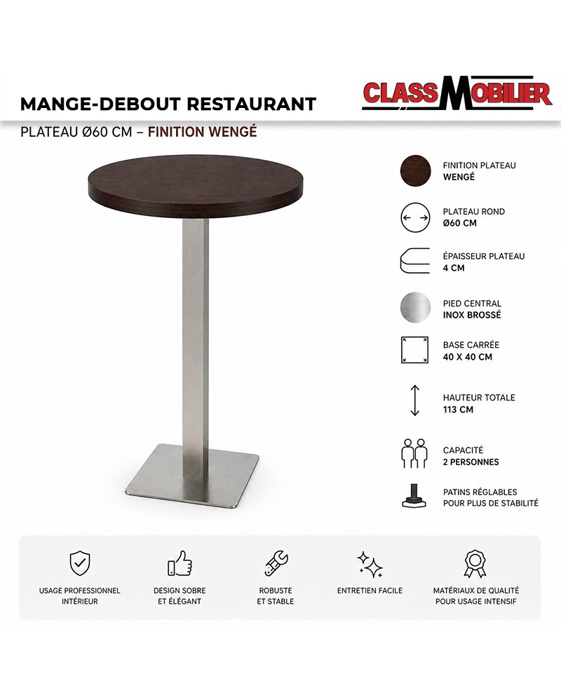 Table mange-debout professionnel 2 personnes - pied inox brossé - plateau rond Ø60 cm