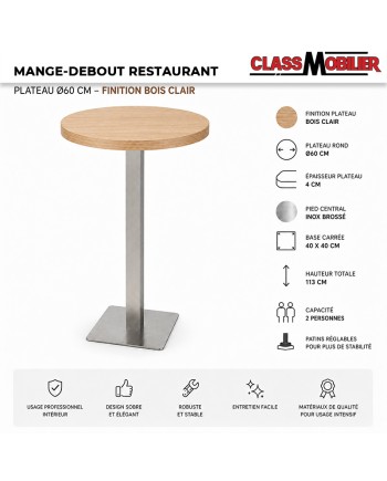 Table mange-debout professionnel 2 personnes - pied inox brossé - plateau rond Ø60 cm