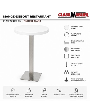Table mange-debout professionnel 2 personnes - pied inox brossé - plateau rond Ø60 cm